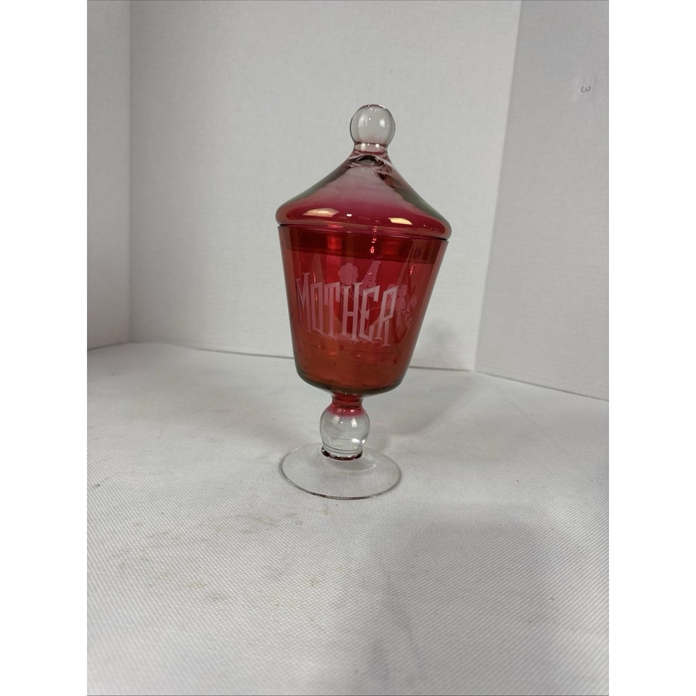 Celebrate Mom West Virginia Glass Cranberry Flash Painted‎ Apothecary etched Jar